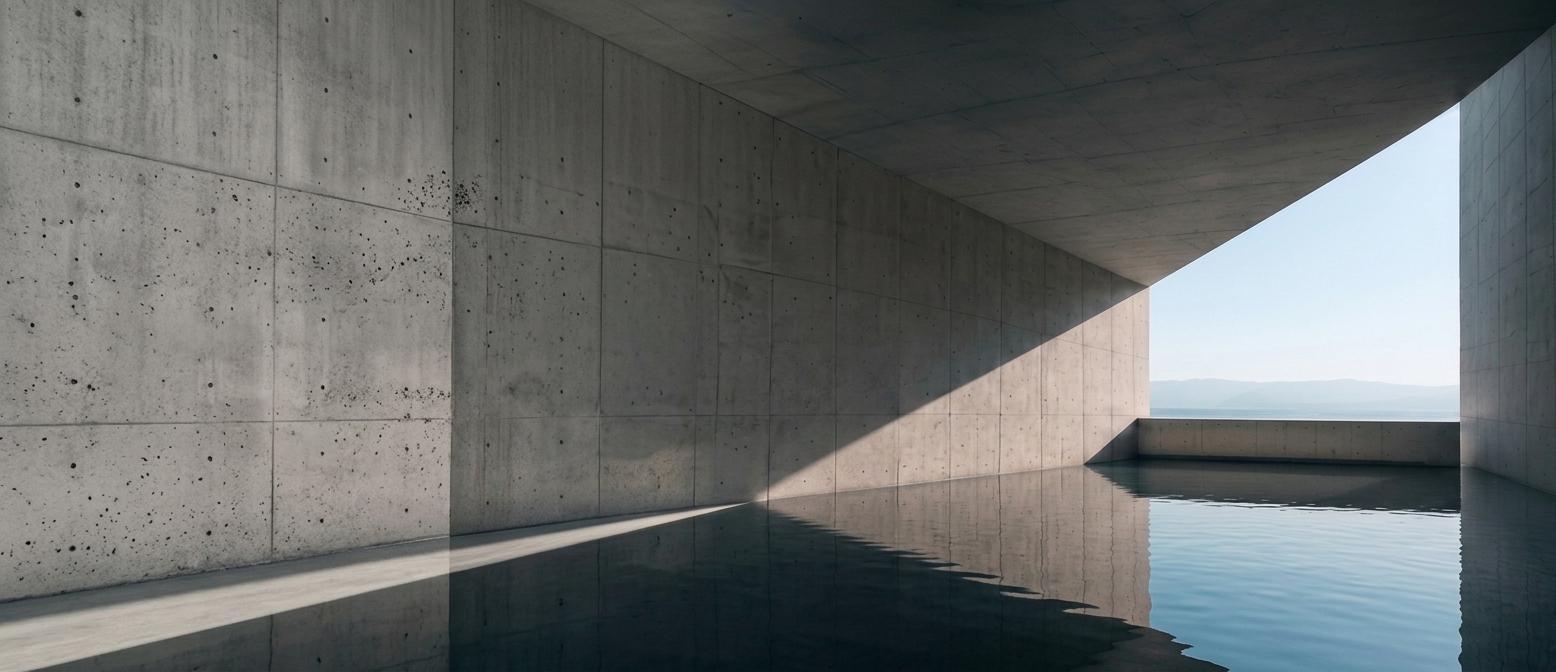 Minimal architectural interior with water and light